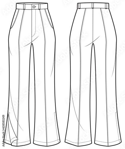 Women's flare pants trouser flat sketch fashion illustration front and back view, Wide leg boot cut pant design