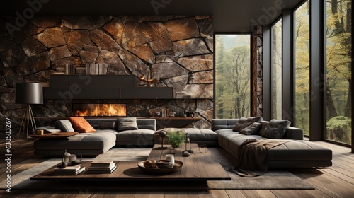 Wallpaper Mural Cozy interior in modern luxury chalet. Stone wall, fireplace, large corner sofa, coffee table, bookshelves, rug on wooden floor. Panoramic window with forest view. Rustic home design. 3D rendering. Torontodigital.ca