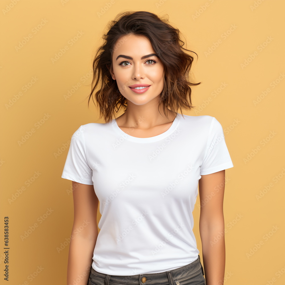 Obraz premium Sexy woman in a white T-shirt on the orange background. Mock-up.