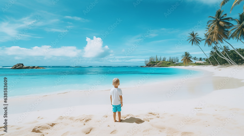 A little boy on vacation on a beach background, back view, looking at the turquoise ocean A little boy on vacation on a beach background, back view, looking at the turquoise ocean
