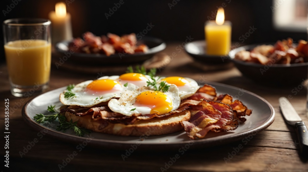 photo bacon and egg breakfast on wooden table photo bacon and egg breakfast on wooden table