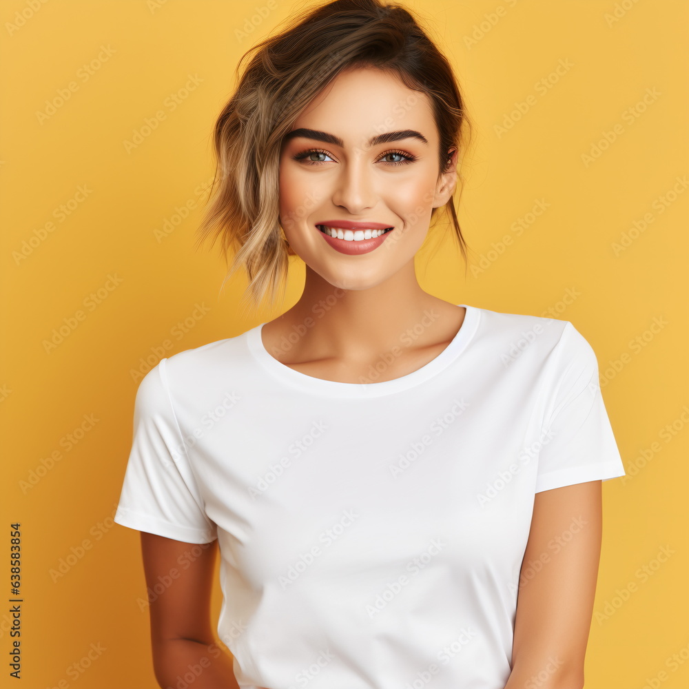 Sexy woman in a white T-shirt on the orange background. Mock-up. Sexy woman in a white T-shirt on the orange background. Mock-up.