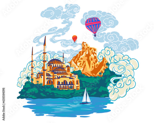 welcome to the country on a white background Turkey hand drawn, beautiful collection stamp of Asian country, image of Turkey in architecture and landscape