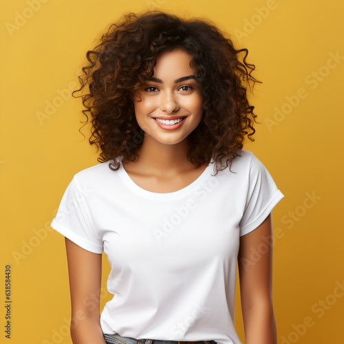 Sexy woman in a white T-shirt on the orange background. Mock-up. © duyina1990