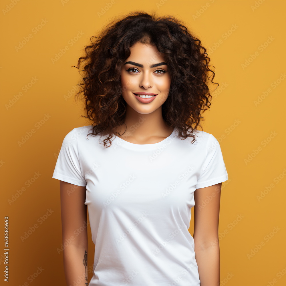 Sexy woman in a white T-shirt on the orange background. Mock-up. Sexy woman in a white T-shirt on the orange background. Mock-up.