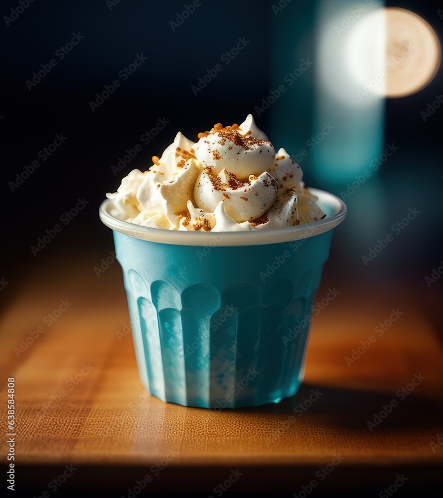 Frozen ice cream in glass or porcelain, cup. Food photography in restaurant with defocused bokeh lights. Frozen ice cream in glass or porcelain, cup. Food photography in restaurant with defocused bokeh lights.