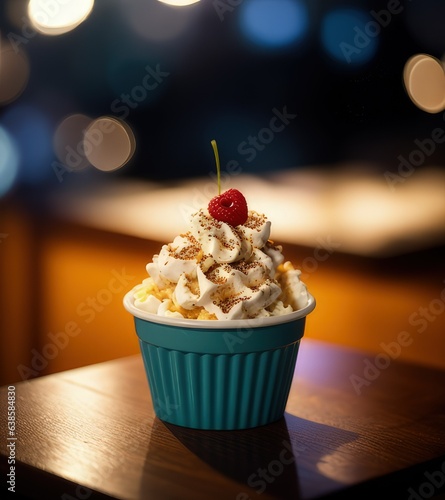 Frozen ice cream in glass or porcelain, cup. Food photography in restaurant with defocused bokeh lights.