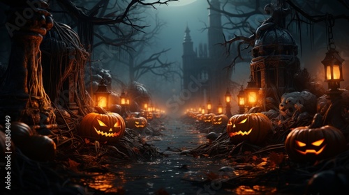 Dark tones Halloween composition in spooky cemetery alley. Scary pumpkin jack-o-lanterns, burning candles and lanterns, dry fallen leaves, blurred background. Halloween celebration concept.