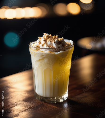 Frozen ice cream in glass  cup. Food photography in restaurant with defocused bokeh lights.