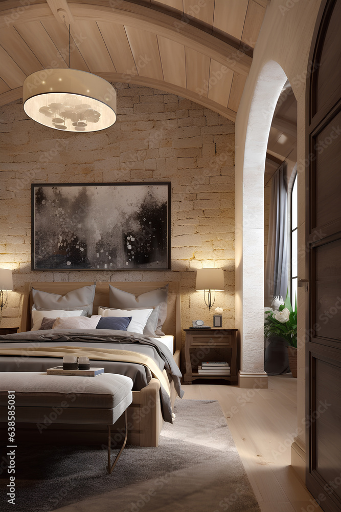 Provance style bedroom interior with modern bed in luxury house.