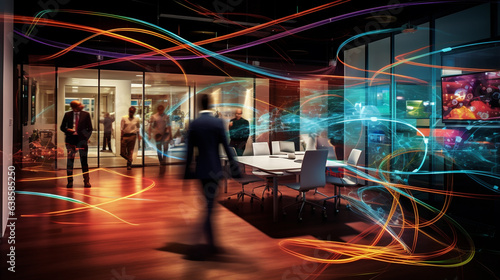 Energetic Trails of AI: Abstract Light Dance in a Modern Cyberspace Office