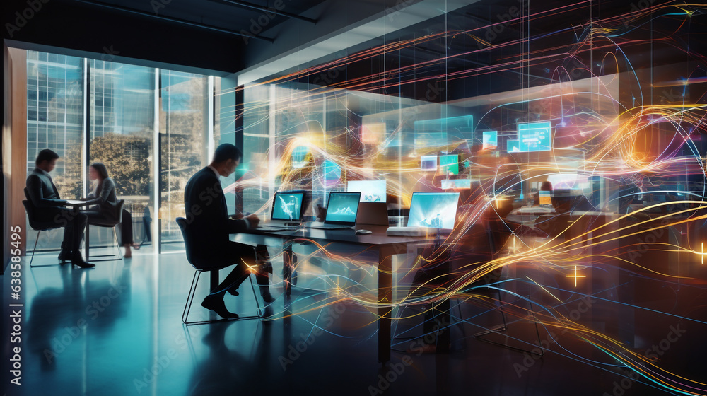 Dynamic Light Trails in AI-Infused Modern Office: Multimedia Glow and E-Learning Ambiance Dynamic Light Trails in AI-Infused Modern Office: Multimedia Glow and E-Learning Ambiance