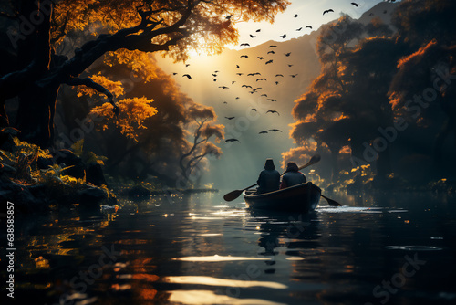 Fisherman in a boat on the lake at sunset.