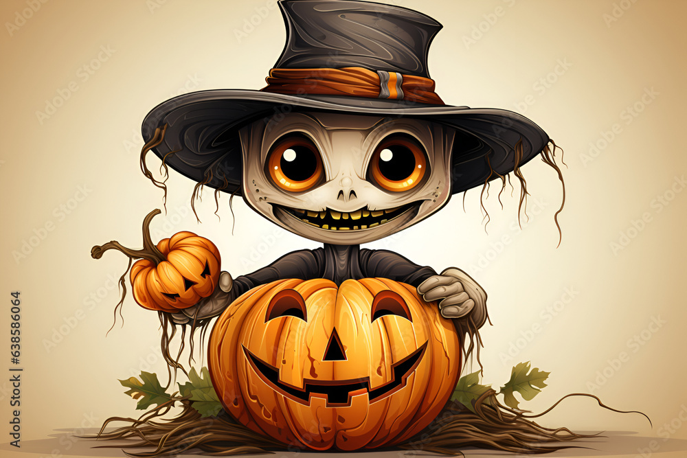Scarecrow with Halloween pumpkins 1 Scarecrow with Halloween pumpkins 1