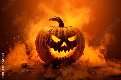 Halloween pumpkins, jack-o-lantern in smoke on an orange background 1