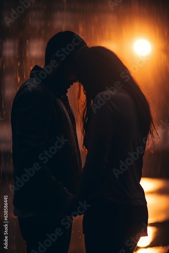 woman crying against the blurred silhouette of the man quarreling for love.