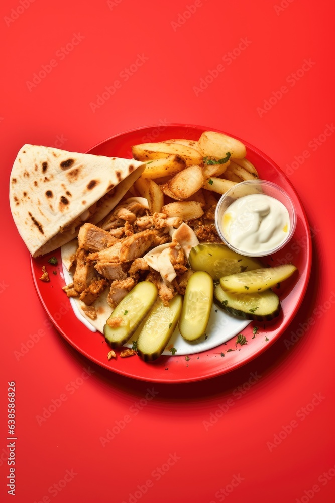 chicken shawarma, pita bread slices, pickles, potato fries, garlic sauce chicken shawarma, pita bread slices, pickles, potato fries, garlic sauce