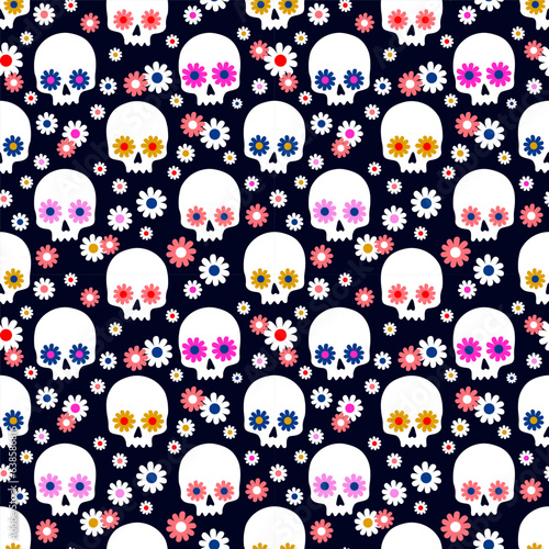 Seamless pattern with flowers and sugar skulls. Vector illustration for Halloween and Day of the Dead decoration.