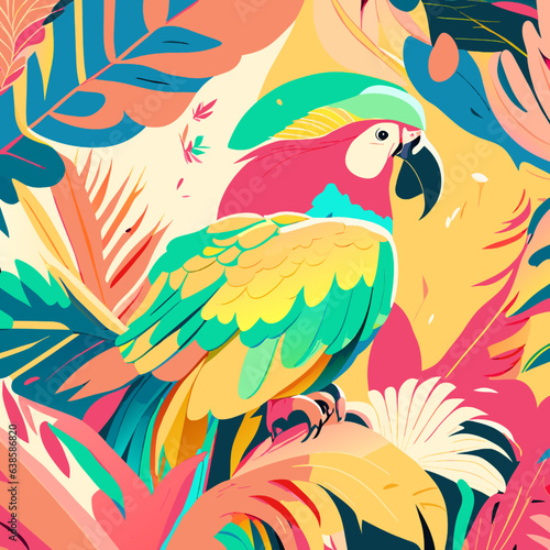 Seamless pattern with parrots and tropical leaves. Vector illustration.