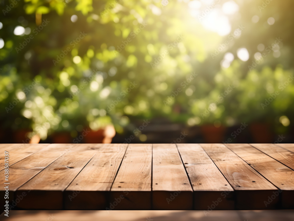 Wooden floor perspective and green forest with ray of light. Wooden floor perspective and green forest with ray of light.