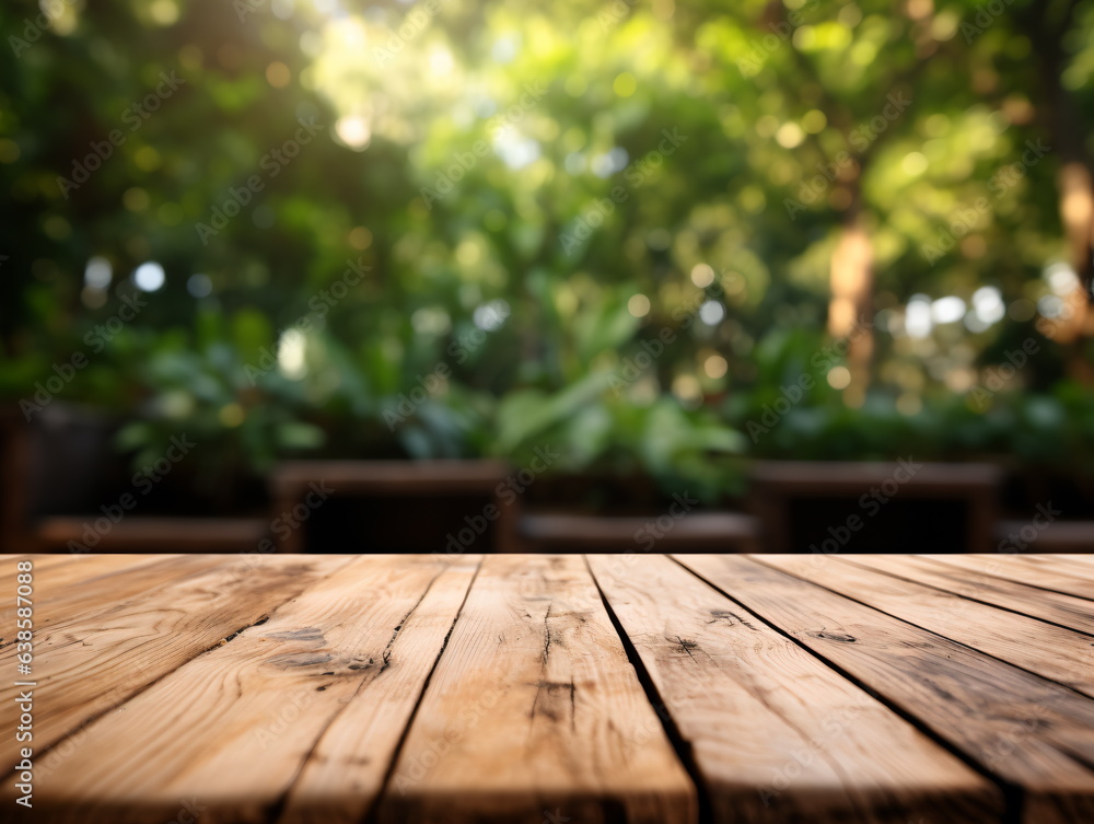 Wooden floor perspective and green forest with ray of light. Wooden floor perspective and green forest with ray of light.