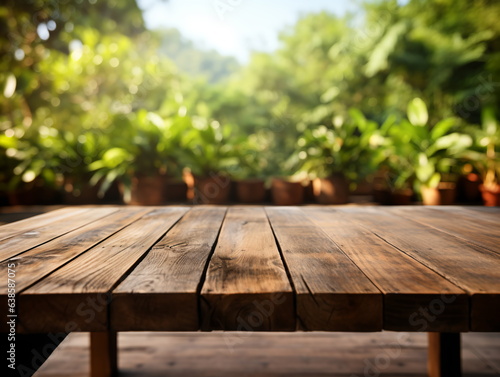 Wooden floor perspective and green forest with ray of light.