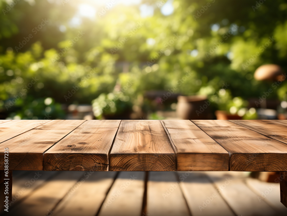 Wooden floor perspective and green forest with ray of light. Wooden floor perspective and green forest with ray of light.