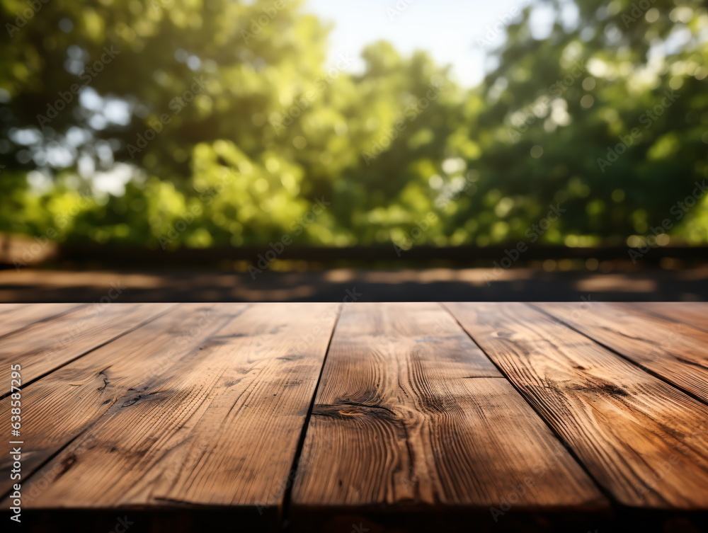 Wooden floor perspective and green forest with ray of light. Wooden floor perspective and green forest with ray of light.