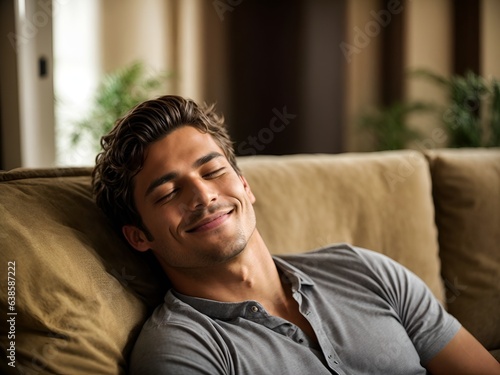 A serene photograph capturing a handsome young man in a state of contentment as he relaxes on a sofa in the comfort of his home's living room. 
