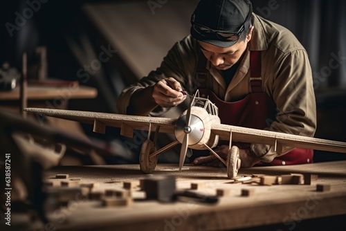 young carpenter working making a little plane