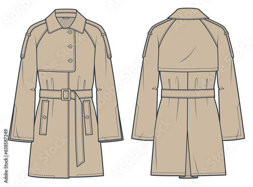 Trench Coat technical fashion Illustration. Belted Raincoat fashion flat technical drawing template, flared raglan sleeves, bell sleeve, pockets, front, back view, beige, women, men, unisex CAD mockup