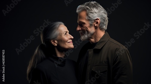 aged couple with gray hair and wrinkles looking at each other in love