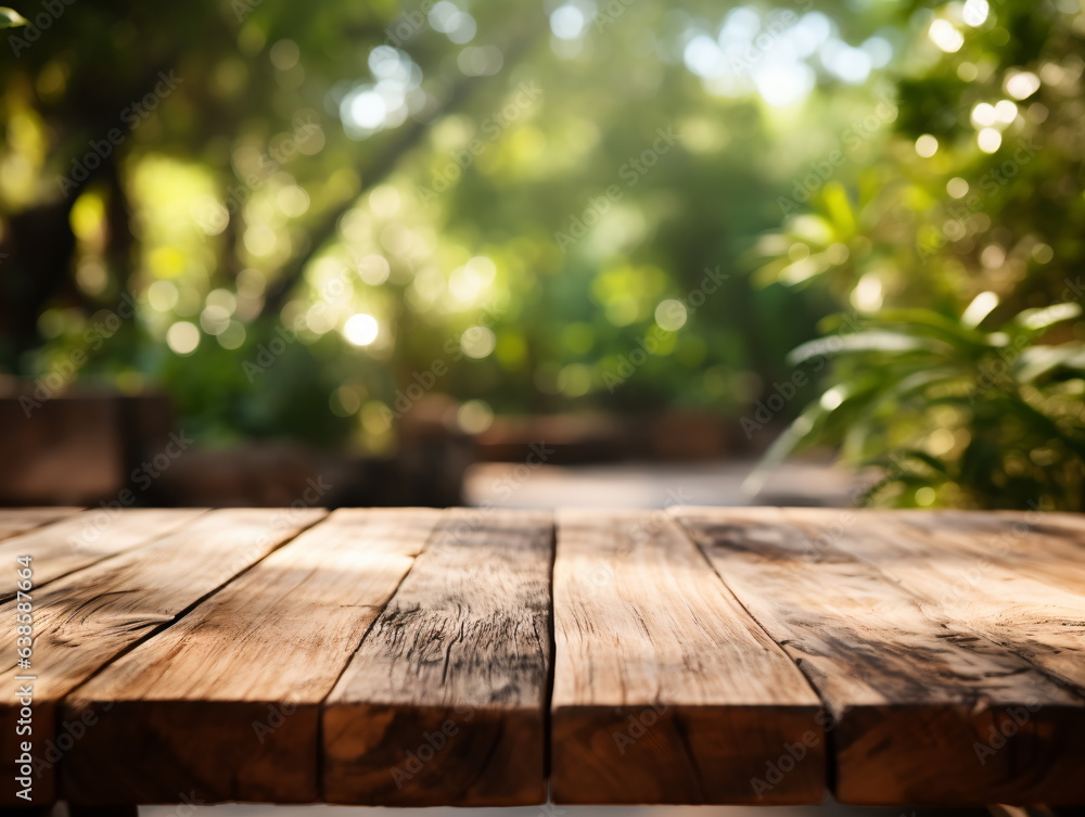 Wooden floor perspective and green forest with ray of light. Wooden floor perspective and green forest with ray of light.