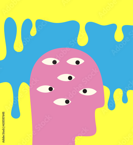 Psychedelic retro poster, man with many eyes. Vector illustration.