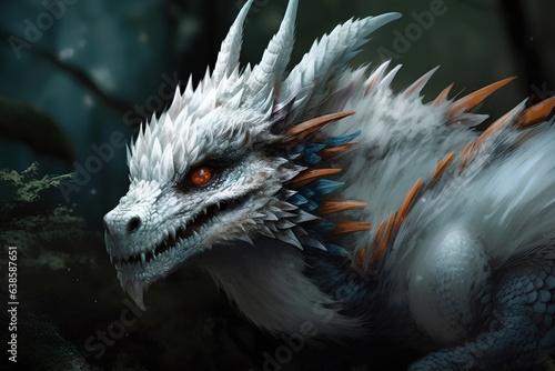 Fantastic white dragon. A mythical creature. 3D illustration.