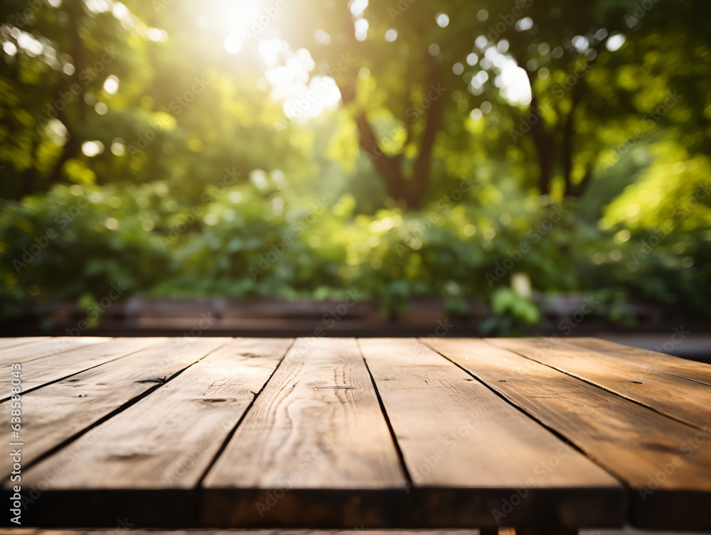 Wooden floor perspective and green forest with ray of light. Wooden floor perspective and green forest with ray of light.