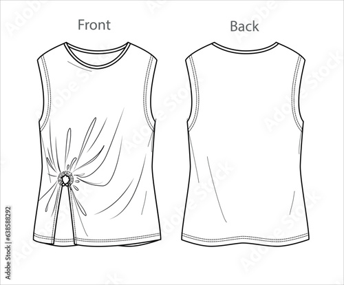 Vector blouse with ring accessory fashion CAD, woman sleeveless top with frills technical drawing, sketch, flat, mock up, template. Jersey or woven fabric tank top with front, back view, white color
