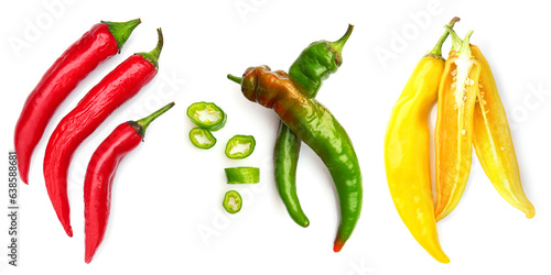Different chili peppers on white background, top view