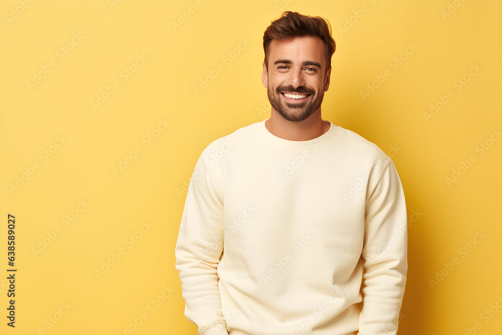 Young man wearing white sweatshirt mockup, at yellow background. Design pullover template, print presentation mock-up. AI generated. Young man wearing white sweatshirt mockup, at yellow background. Design pullover template, print presentation mock-up. AI generated.