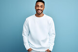 Young man wearing white sweatshirt mockup, at blue background. Design pullover template, print presentation mock-up. AI generated.