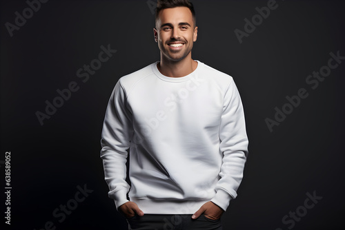 Young man wearing white sweatshirt mockup, at dark background. Design pullover template, print presentation mock-up. AI generated.