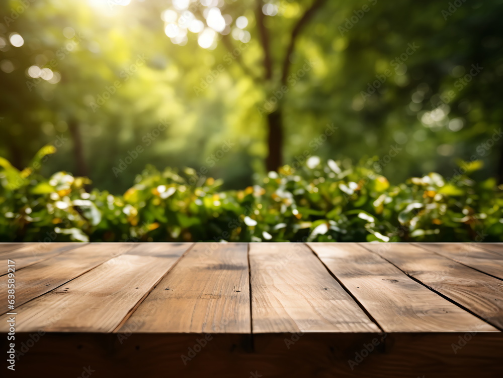 Wooden floor perspective and green forest with ray of light. Wooden floor perspective and green forest with ray of light.