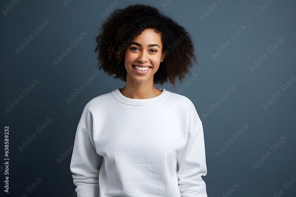 Young woman wearing white sweatshirt mockup, at dark blue background. Design pullover template, print presentation mock-up. Generated AI. Young woman wearing white sweatshirt mockup, at dark blue background. Design pullover template, print presentation mock-up. Generated AI.