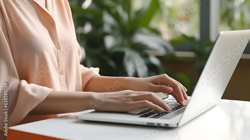 Gros plan sur les mains d'une femme en train de taper sur son clavier d'ordinateur portable au bureau.