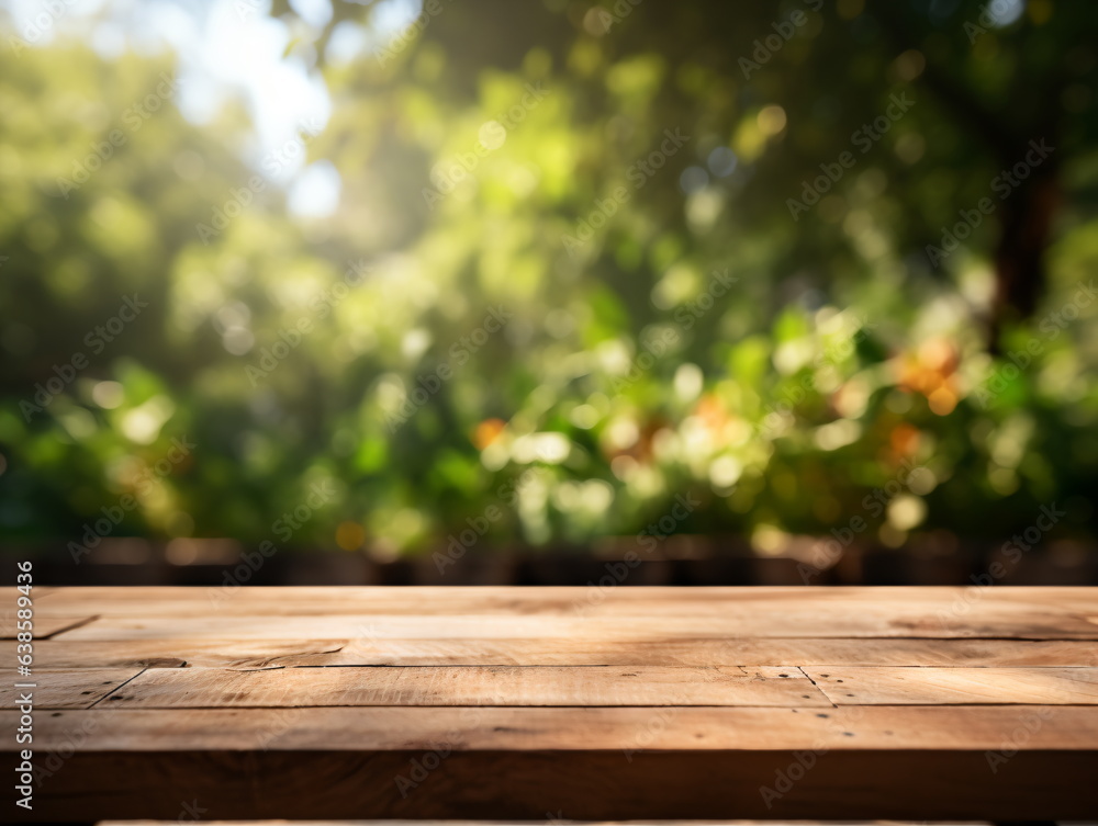 Wooden floor perspective and green forest with ray of light. Wooden floor perspective and green forest with ray of light.