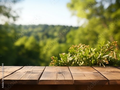 Wooden floor perspective and green forest with ray of light.