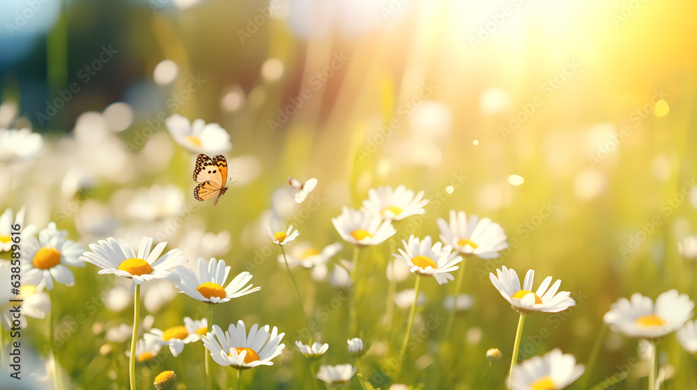 Un papillon volant en été dans un champ en fleurs avec plein de pâquerettes.  - obrazy, fototapety, plakaty 