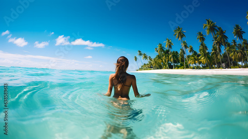Une femme en train de se baigner en bikini sur une plage tropicale. 