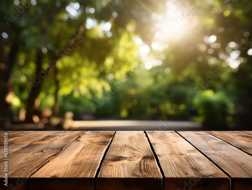 Wooden floor perspective and green forest with ray of light.