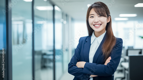 Beautiful asian young adult businesswoman professional in a suit standing with arms crossed in an office smiling confidently. Business, career and recruitment concept. 